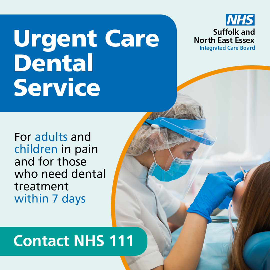 Dental appointments are available 7 days a week, including evenings, for both adults and children in Suffolk and north east Essex who need treatment for problems including pain, infections and broken fillings. Contact NHS 111 and choose the dental option.