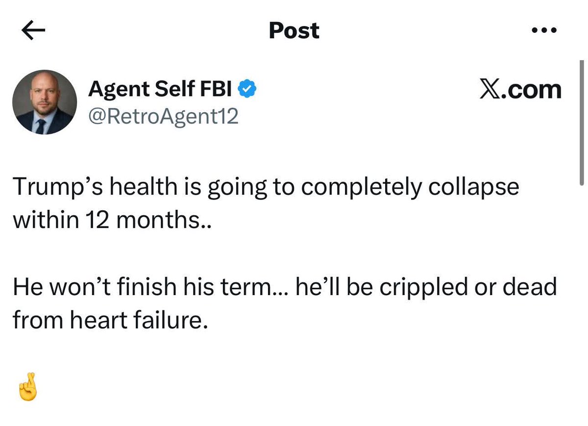 Not real sure who FBI  Agent Self is, but he obviously  isn't  a doctor , and this seems like a threat to me.    Democrats still believe that if anything happens to Trump, that either Biden or Kamala will take over.    They forget that is what VP Vance is for.  🙄 How do people
