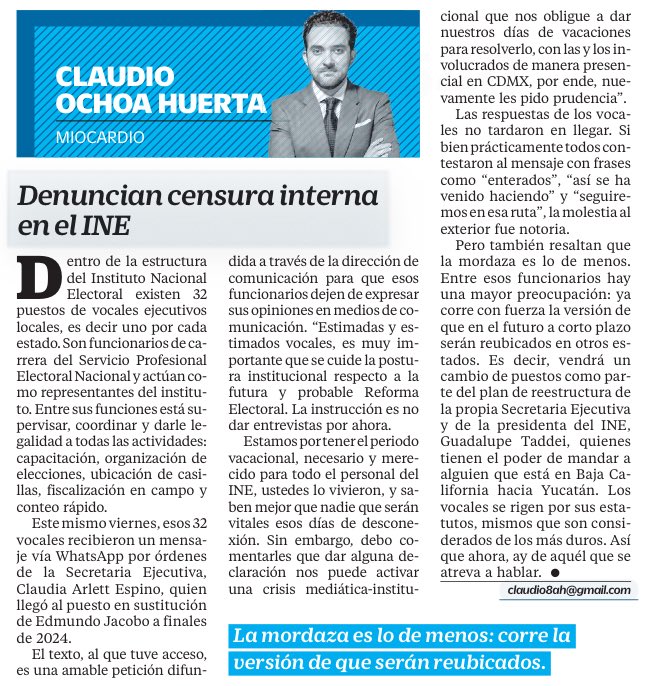 Bere Aguilar (@bereaguilarv) on Twitter photo ¡Escándalo! Miren lo que le pasa a los funcionarios del INE que se atrevan a desobedecer las órdenes de la impresentable Taddei y sus paleros.
<a href="/ClaudioOchoaH/">Claudio Ochoa Huerta</a>
Los encargados del INE en los 32 estados recibieron un mensaje en el que les exigen no dar su opinión ni entrevistas ¡Escándalo! Miren lo que le pasa a los funcionarios del INE que se atrevan a desobedecer las órdenes de la impresentable Taddei y sus paleros.
<a href="/ClaudioOchoaH/">Claudio Ochoa Huerta</a>
Los encargados del INE en los 32 estados recibieron un mensaje en el que les exigen no dar su opinión ni entrevistas