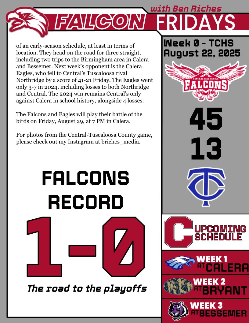 🔴🏈: a 45-13 victory over Tuscaloosa County puts Central's 2025 record at 1-0.

Check out my article about the game below and pictures on Instagram at briches_media.