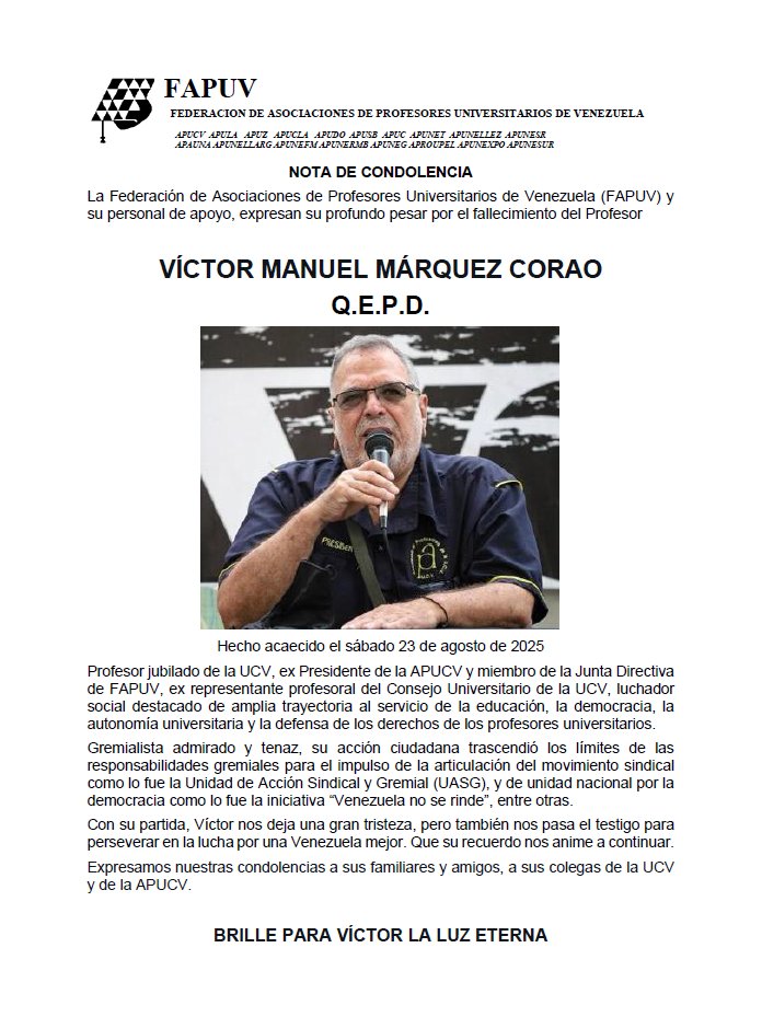Expresamos nuestro profundo pesar por el fallecimiento de nuestro querido Víctor Márquez, compañero de luchas, colega y amigo. Paz a su alma.