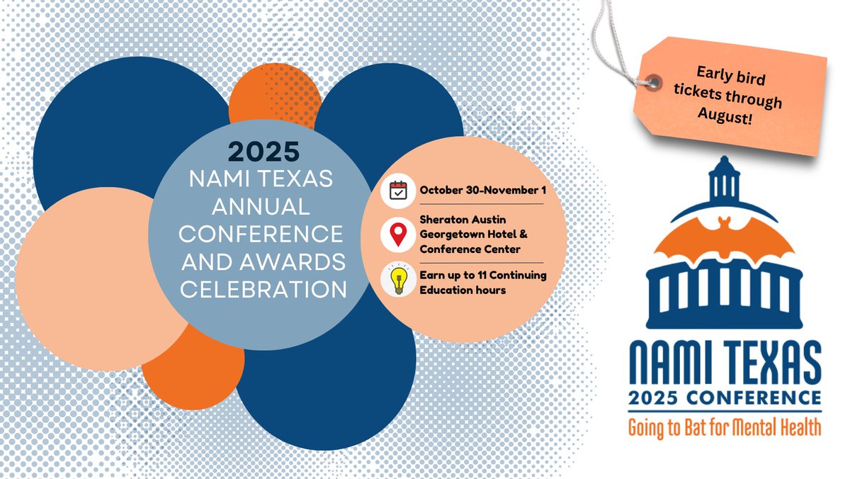 🎉 Join us for the NAMI Texas 2025 Annual Conference! 
🗓️ October 30 - November 1, 2025
📍Sheraton Austin Georgetown Hotel &amp; Conference Center
🎟️ Early Bird Tickets: whova.com/portal/registr…
#NAMITexas #MentalHealth #MentalHealthAwareness #Advocacy #Texas #2025Conference