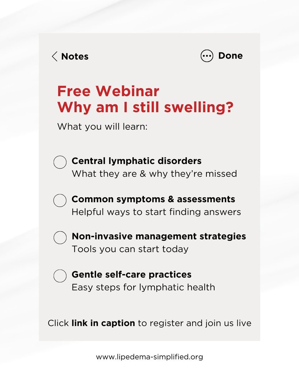 Could your swelling be linked to a missed lymphatic issue? Join our free webinar tomorrow. Register here: learn.lipedema-simplified.org/free-webinar  

Rooted in lymphatic care,
Lipedema Simplified x

#lymphedema #lymphatichealth #lymphaticflow #lymphaticsystem