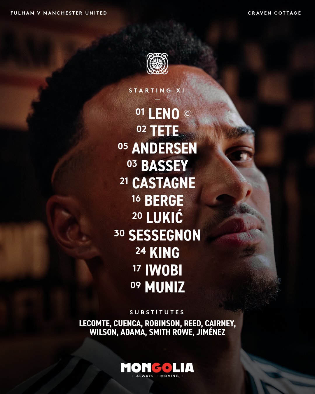 XI: Leno, Tete, Andersen, Bassey, Castagne, Berge, Lukić, Sessegnon, King, Iwobi, Muniz.

Subs: Lecomte, Cuenca, Robinson, Reed, Cairney, Wilson, Adama, Smith Rowe, Jiménez.