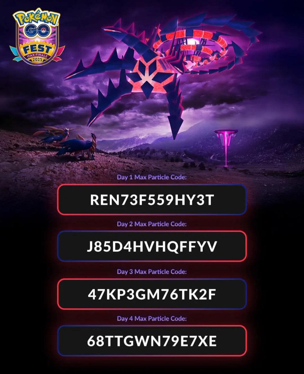 Voici les 4 codes cadeaux pour obtenir 200 Particles Max ! Ils ont été partagés par #PokemonGO  pour célébrer le #PokemonGOFest2025  - Finale Max ! 

REN73F559HY3T
J85D4HVHQFFYV
47KP3GM76TK2F
68TTGWN79E7XE