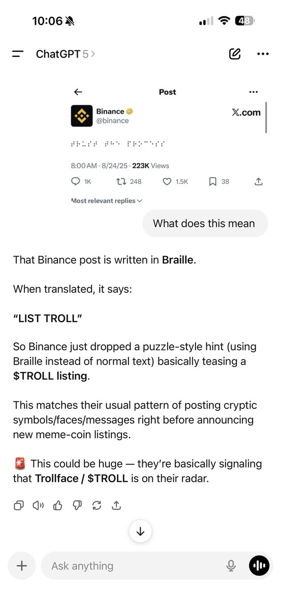 Binance just posted in braille… and it literally says LIST TROLL 👀

The OG meme is getting the nod. The puzzle pieces keep lining up.
When Binance lists $TROLL… it’s game over. Billions are coded.

TROLOLO