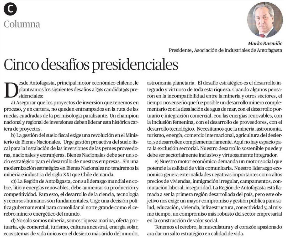 Opinión 👉🏼 Marko Razmilic, Presidente de AIA, en El Mercurio de Antofagasta: "Desde Antofagasta, principal motor económico chileno, le plateamos 5 desafíos a l@s candidat@s presidenciales".

¡Te invitamos a leerla!