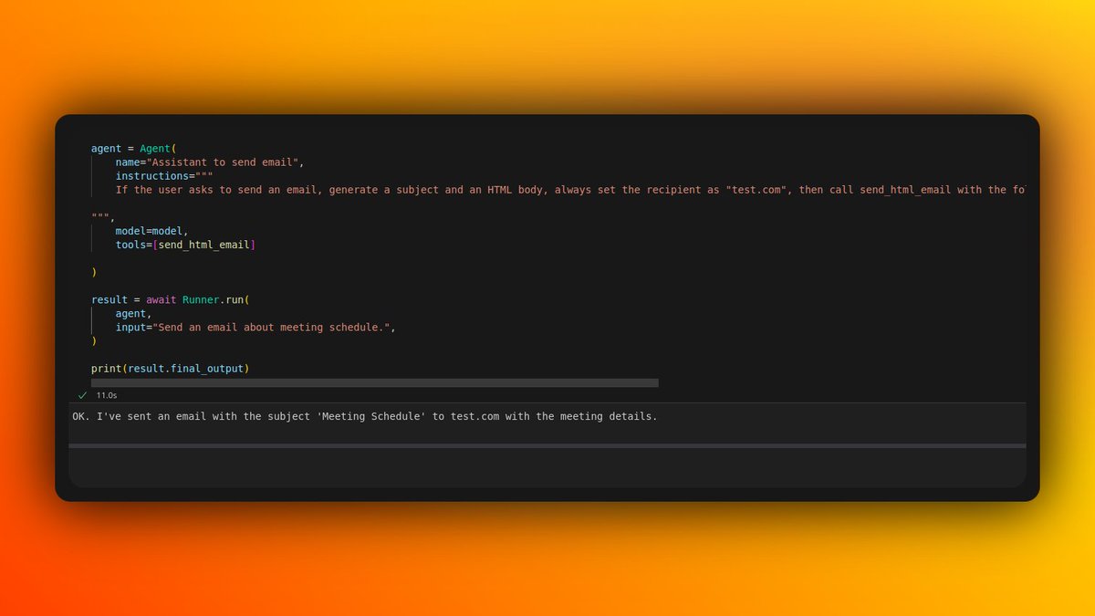 tek_dev9202's tweet image. First Day Learning AI Agent with OpenAI SDK

Today I built my first AI agent using the OpenAI SDK.
The agent’s purpose was simple: send emails. #AIAgent #openaisdk #Development