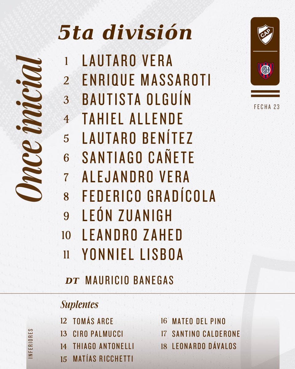 #JuvenilesLPF 🔛 Segundo juego de la mañana en el Bajo Flores.

📋 Esta es la alineación de la  #Quinta del Calamar🦑

#SiemprePlatense🤎