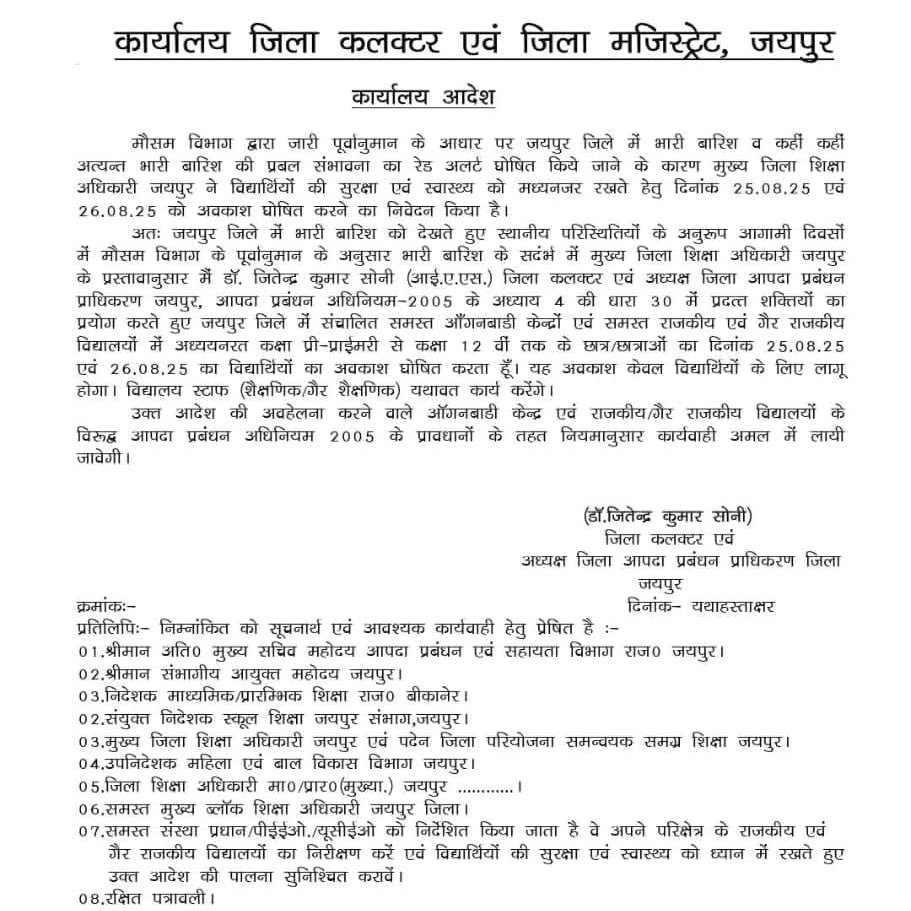 *जयपुर जिले में भारी बारिश को देखते हुए सोमवार, 25 अगस्त एवं मंगलवार 26 अगस्त को जिले के समस्त आंगनबाड़ी केंद्र एवं राजकीय-गैर राजकीय विद्यालयों में विद्यार्थियों का अवकाश घोषित*

*अध्यक्ष जिला आपदा प्रबंधन प्राधिकरण एवं जिला कलक्टर डॉ जितेंद्र कुमार सोनी ने जारी किए आदेश*