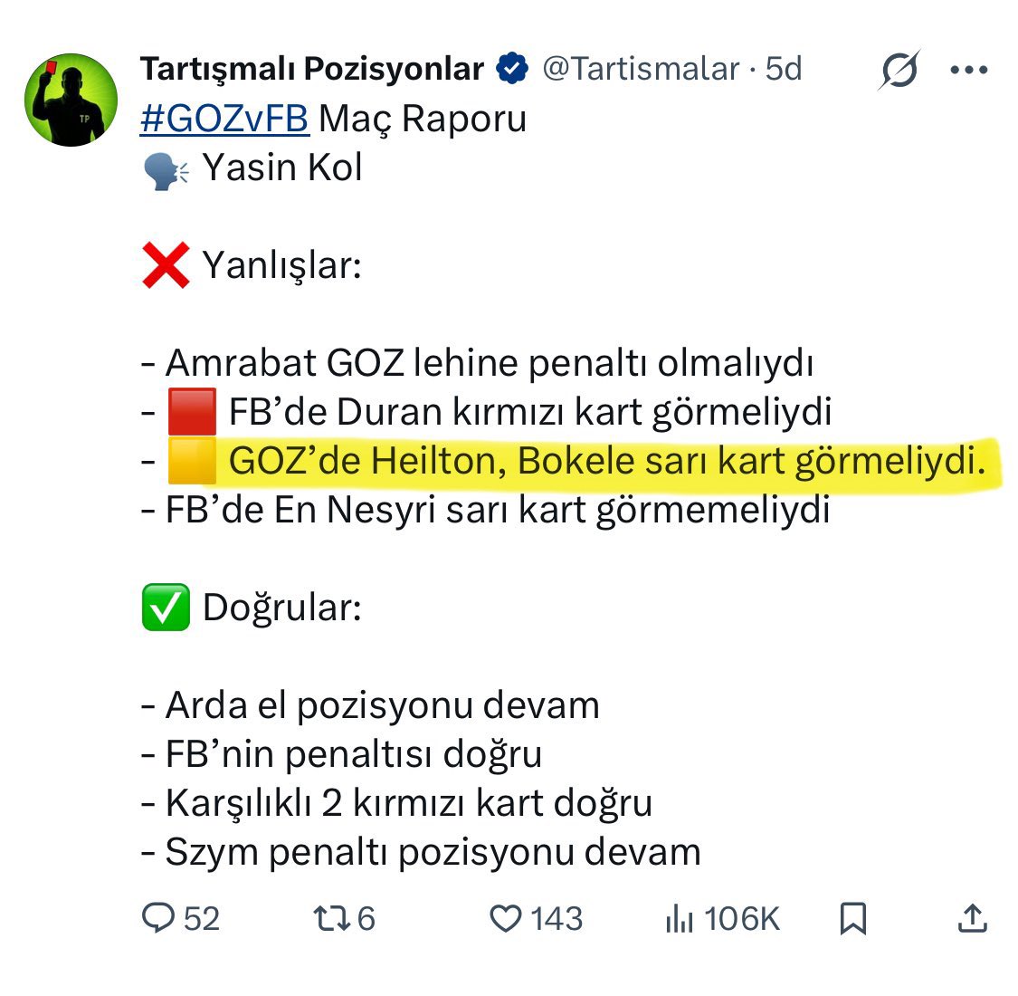 GS'ye gösterilmeyen sarı kart sayısı: 9
GS'nin rakibine gösterilmeyen sarı kart sayısı: 3

FB'ye gösterilmeyen sarı kart sayısı: 2
FB'nin rakibine gösterilmeyen sarı kart sayısı: 9 

Süperligin 2 Haftasında Fenerbahçe ve GS arasında GS lehine gelişen sarı kart farkı +13 !!!
