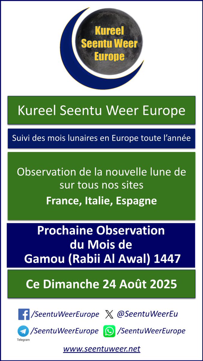 Prochaine Observation du Mois de Gamou (Rabii Al Awal) 1447
Ce Dimanche 24 Août 2025
shorturl.at/gbSv5