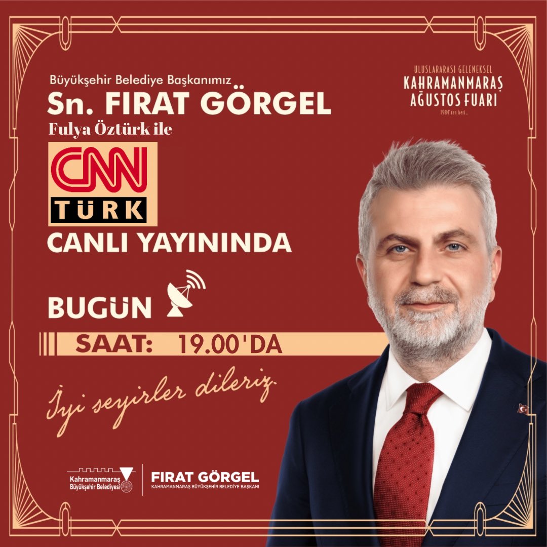 Bu akşam 19.00 Ana Haber Bülteni içerisinde <a href="/cnnturk/">CNN TÜRK</a> <a href="/Fullyaozturk/">Fulya Öztürk</a>’ün konuğu olacağım. 

Devam eden çalışmalarımız, Ağustos Fuarımız ve şehrimizle ilgili konuşacağız. 

İyi seyirler dilerim.