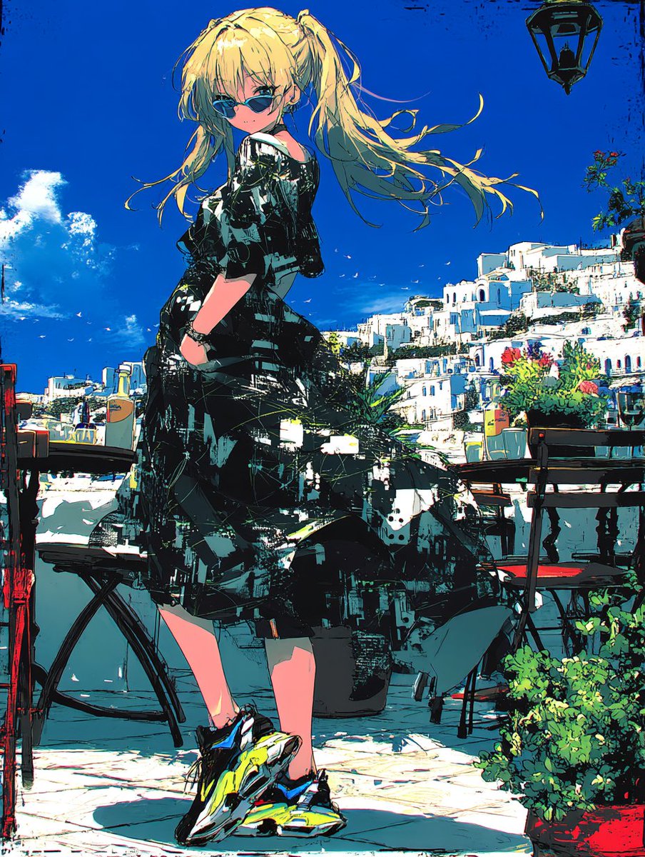 #このタグを見たらワンピースとスニーカーのイラストを貼る

もう一枚いきます！！！
モダンワンピ×ハイテクスニーカー×サングラス
かっこかわいい雰囲気✨️