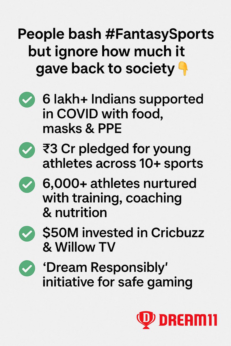 Harryhs06's tweet image. People bash #Dream11 but ignore how much it gave back to society 👇
1. COVID-19 Relief Efforts
Through the Dream Sports Foundation, over 6 lakh Indians were supported during the pandemic. This included distribution of 60,000 food packets, 3,500 hygiene kits, 3,500 PPE kits, and…