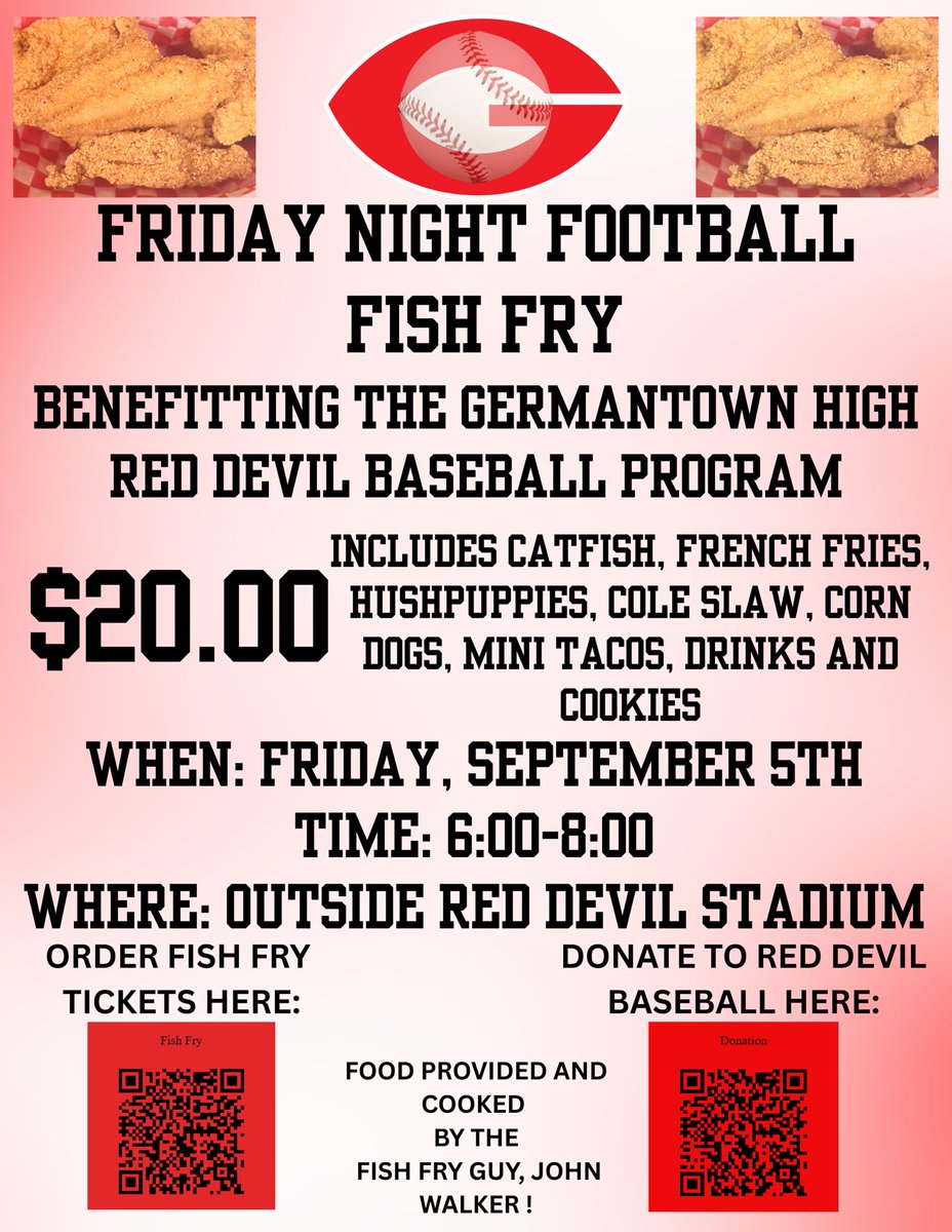 2 events coming up to support Red Devils Baseball. Field Cleanup day happens 8/30 from 9-1 and our Friday Night Football Fish Fry happens 9/5 !

#germantownhighschool
#reddevilsbaseball