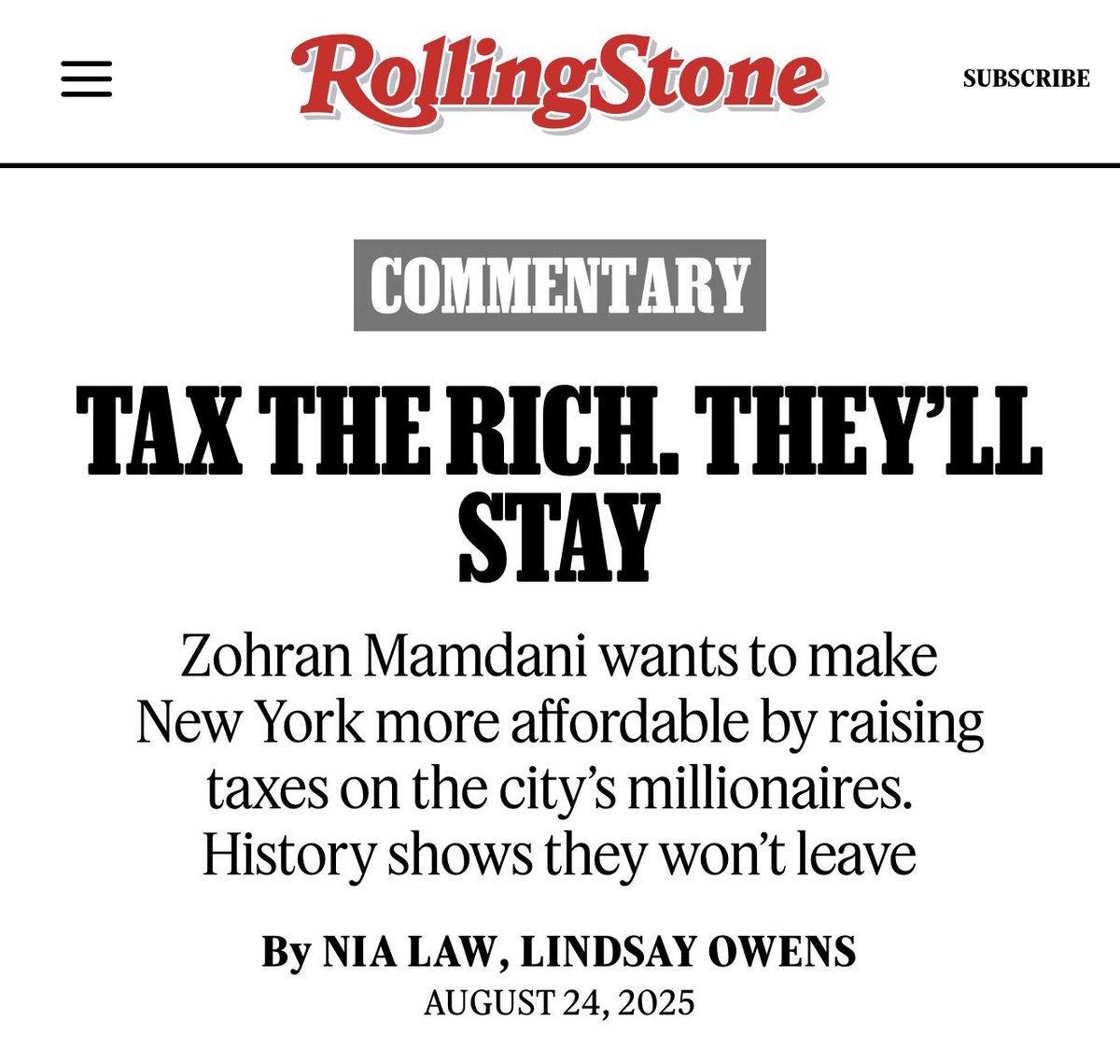Alex Jacquez (@alexsjacquez) on Twitter photo New York City can pay for housing, public transit, and child care by taxing the rich. Millionaires threaten to pick up their ball and move.
Zohran must call their bluffโthey wonโt leave. Our <a href="/owenslindsay1/">Lindsay Owens</a> and Nia Law break down the data in <a href="/RollingStone/">Rolling Stone</a> New York City can pay for housing, public transit, and child care by taxing the rich. Millionaires threaten to pick up their ball and move.
Zohran must call their bluffโthey wonโt leave. Our <a href="/owenslindsay1/">Lindsay Owens</a> and Nia Law break down the data in <a href="/RollingStone/">Rolling Stone</a>