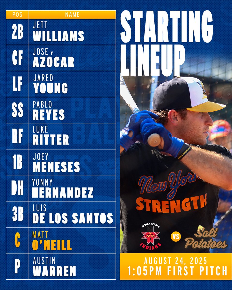 A Salty Sunday at the Ballpark! Here are your #SmetsStarters/#SaltPotatoesStarters for Today! 

⚾️ 1:05pm First Pitch
📍NBT Bank Stadium
🆚 <a href="/indyindians/">Indianapolis Indians</a> 
🎟️ SyracuseMets.com/Tickets
📻 <a href="/SYRMetsRadio/">Syracuse Mets Radio</a> on <a href="/TheScore1260/">The Score 1260</a> 
📺 MiLB.tv &amp; Bally’s Sports Live