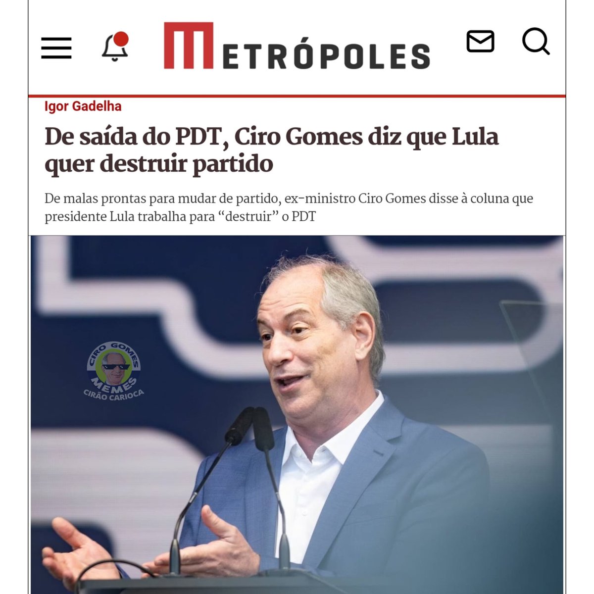 "Ciro Gomes ainda disse que foi “honrosamente” convidado a entrar no União Brasil e no PSDB. Ele evitou, porém, dizer a qual se filiará."