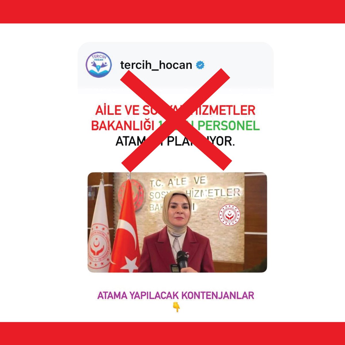 Bazı sosyal medya hesapları üzerinden yapılan “Aile ve Sosyal Hizmetler Bakanlığı 10 bin personel atamayı planlıyor” şeklindeki paylaşımlar gerçeği yansıtmamaktadır.

Bakanlığımızın personel alımlarına ilişkin tüm duyurular yalnızca resmi kanallarımız üzerinden yapılmaktadır.