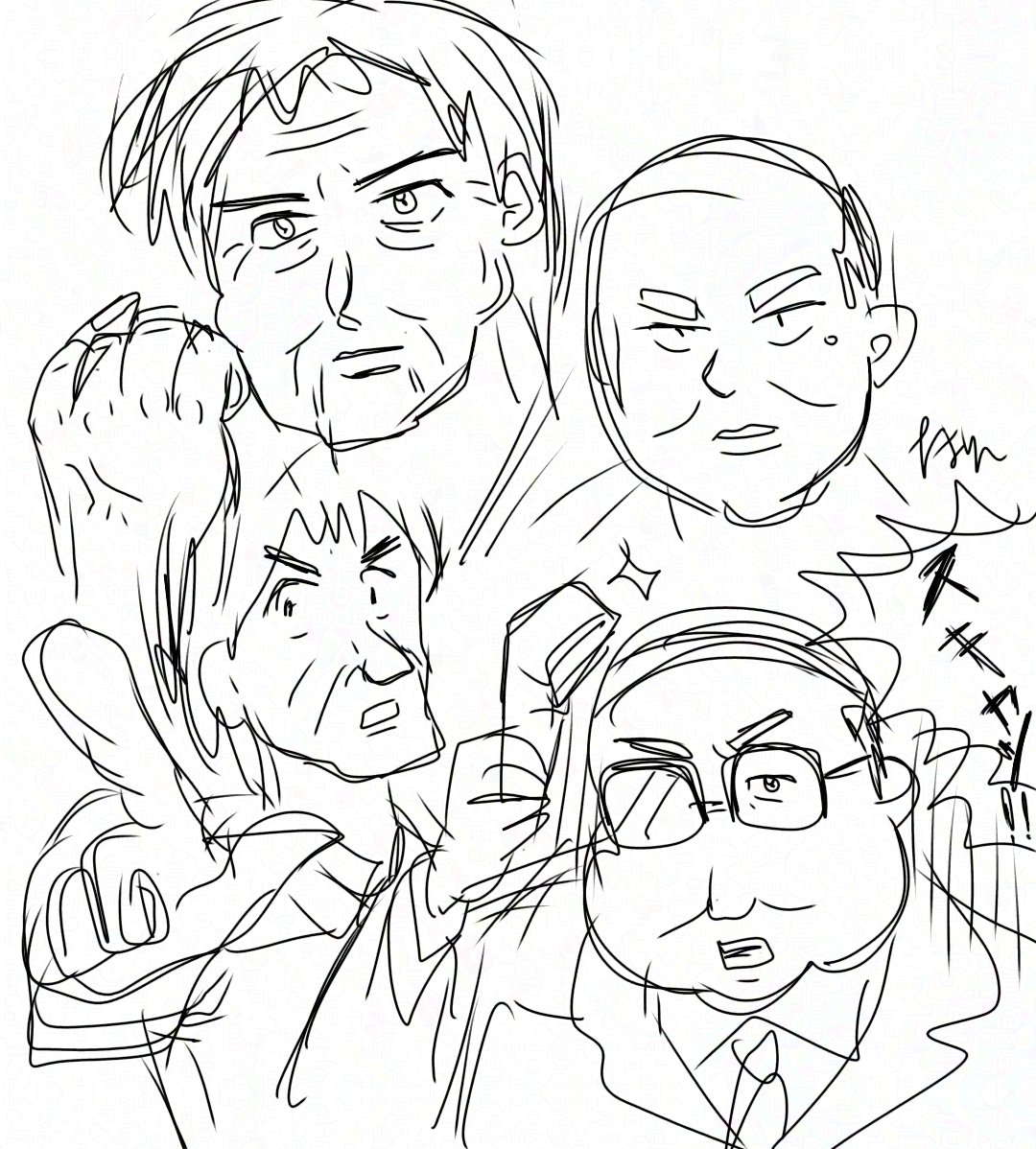 落書き😅普段おじさんを描かないので苦手感があります💦でも右下のおじさんはバーコードバトラーで、自分の頭をスキャンして変身や能力に変換して戦う設定は気に入っている😆ひょっとしたら他でもうある設定かも… 