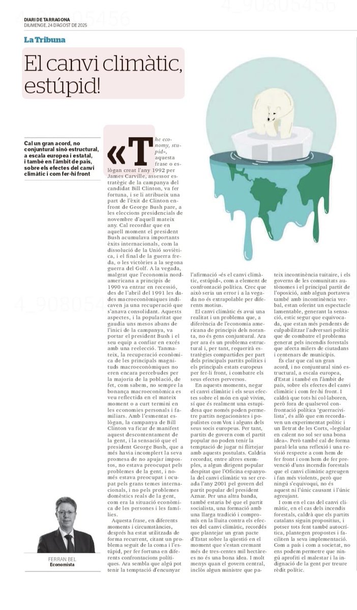 “El canvi climàtic, estúpid !”, el meu article dels diumenges al <a href="/diaridtarragona/">Diari de Tarragona</a> on parlo de l’evidència del canvi climàtic i la necesitat de no fer d’aquest tema, element de confrontació política 
👉🏻 diaridetarragona.com/opinion/tribun…