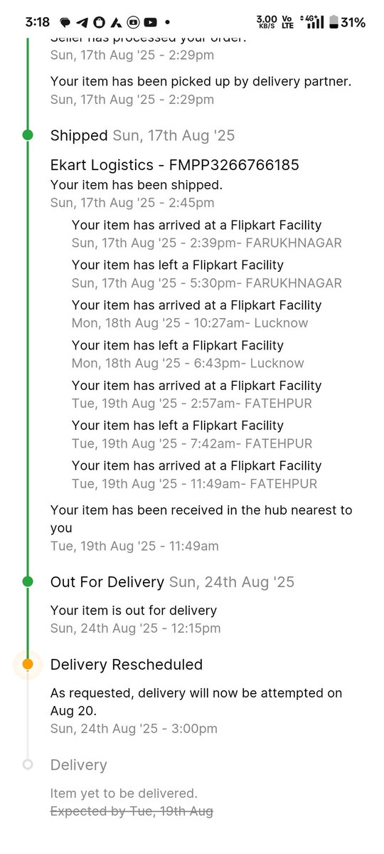 abhinavpatel1's tweet photo. After 5-6 days of continuous, today again the delivery agent reschedule my order without even calling me. After all, when will this ekart delivery agent makes me a fool? @flipkartsupport
@Flipkart #ekart why are you guys bothering me?
Will my order be delivered or not ? https://t.co/shVDTvkfq7