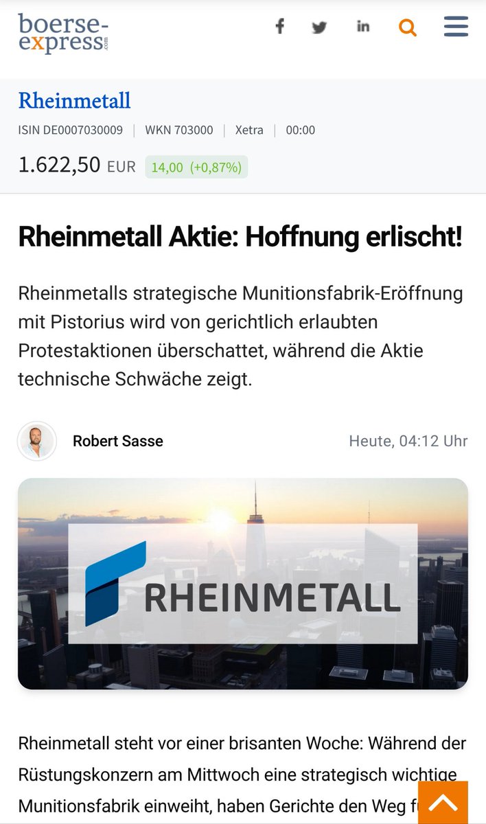 Mit Rheinmetall geht es abwärts seitdem wir das #RheinmetallEntwaffnen-Camp aufbauen, meldet der Börse-Express. Kein Fake.

boerse-express.com/news/articles/…

1/2