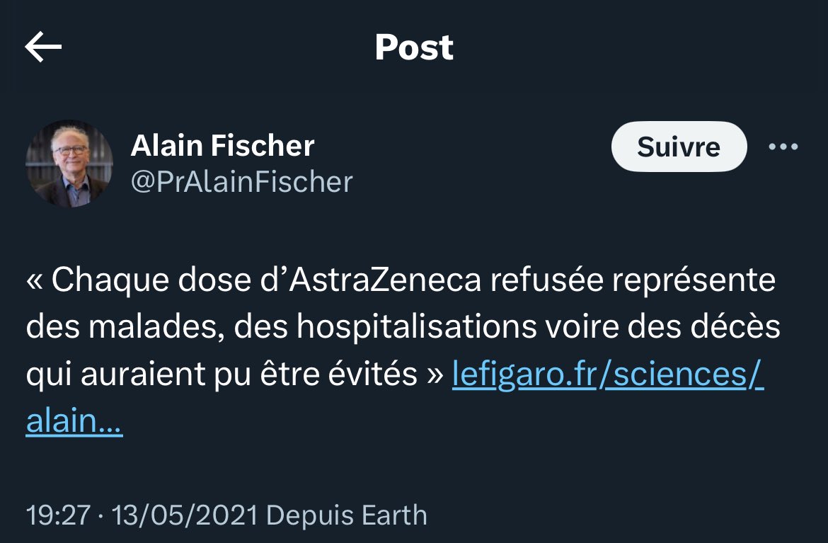 ZEIGER Franck (@franck20270) on Twitter photo Vous vous en souvenez de celle là
Sachant que la vaccin Astra a été retiré du marché, un titre de Pr ne devrait-il pas pouvoir se retirer également ?
<a href="/PrAlainFischer/">Alain Fischer</a> Vous vous en souvenez de celle là
Sachant que la vaccin Astra a été retiré du marché, un titre de Pr ne devrait-il pas pouvoir se retirer également ?
<a href="/PrAlainFischer/">Alain Fischer</a>