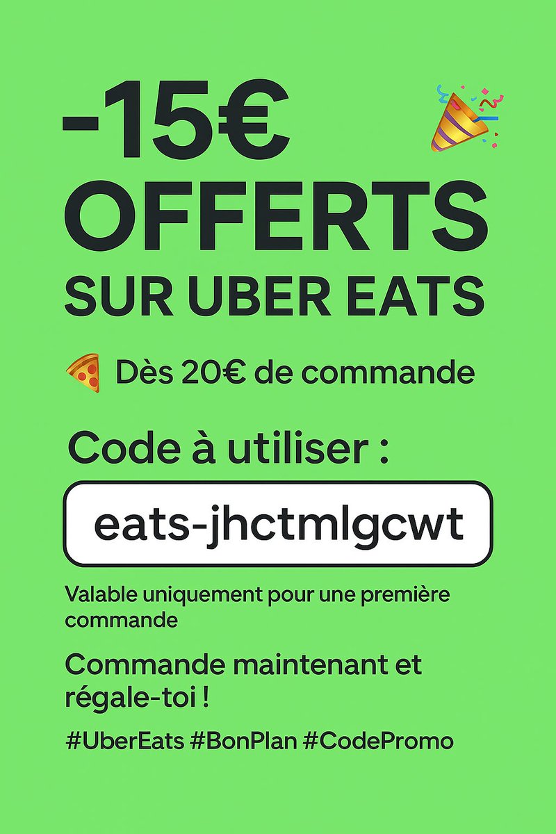 MoonHomeless's tweet image. 🔥💥 15€ OFFERTS sur ta 🍔 1ʳᵉ commande Uber Eats dès 20€ ! 💶

🍕 Régale-toi sans te ruiner 😋

🔑 Utilise ce code magique : eats-jhctmlgcwt

Ça marche direct → Clique, commande, dévore

⚡ Profite-en avant qu’il soit trop tard ❗🕑

#UberEats #BonPlan #CodePromo
