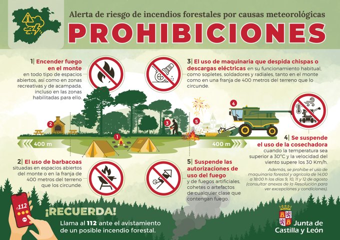 112 Castilla y León (@112cyl) on Twitter photo Recuerda que hasta el día 26 hay
🔥ALERTA de riesgo de #IIFF en toda #CyL
🔥ALARMA EXTREMA en municipios de #León, #Zamora y #Palencia
🚫Tránsito y estancia de personas y vehículos en montes
🚫Fuegos y barbacoas
🚫Maquinaria agrícola
☎️<a href="/112cyl/">112 Castilla y León</a>
▶️comunicacion.jcyl.es/web/jcyl/Comun… Recuerda que hasta el día 26 hay
🔥ALERTA de riesgo de #IIFF en toda #CyL
🔥ALARMA EXTREMA en municipios de #León, #Zamora y #Palencia
🚫Tránsito y estancia de personas y vehículos en montes
🚫Fuegos y barbacoas
🚫Maquinaria agrícola
☎️<a href="/112cyl/">112 Castilla y León</a>
▶️comunicacion.jcyl.es/web/jcyl/Comun…