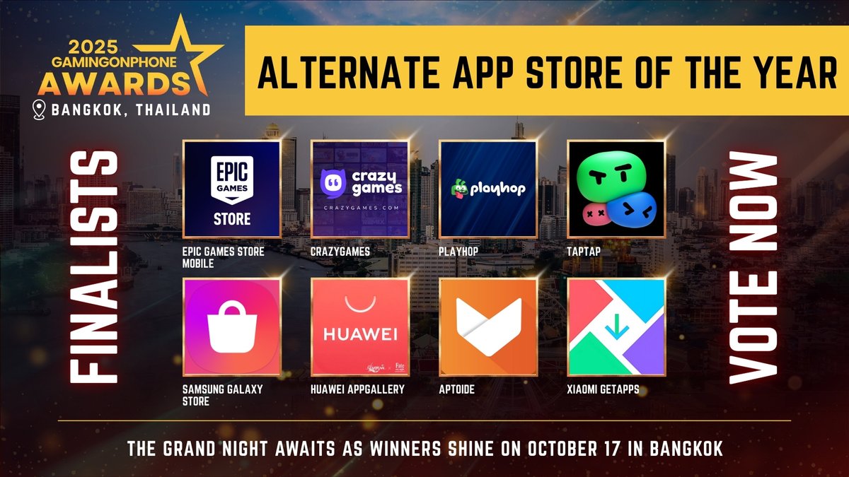 GamingonPhone (@gamingonphone) on Twitter photo Presenting the finalists for the GamingonPhone Awards 2025 (26/30) π
π Alternate App Store Of The Year
ποΈ <a href="/EpicGames/">Epic Games Store</a> Store Mobile
ποΈ <a href="/TapTap/">TapTap</a>
ποΈ Samsung Galaxy Store
ποΈ <a href="/AppGallery/">AppGallery</a>
ποΈ <a href="/Aptoide/">Aptoide</a>
ποΈ <a href="/playhop_games/">Playhop</a>
ποΈ CrazyGames
ποΈ Xiaomi GetApps
Voting is open until Presenting the finalists for the GamingonPhone Awards 2025 (26/30) π
π Alternate App Store Of The Year
ποΈ <a href="/EpicGames/">Epic Games Store</a> Store Mobile
ποΈ <a href="/TapTap/">TapTap</a>
ποΈ Samsung Galaxy Store
ποΈ <a href="/AppGallery/">AppGallery</a>
ποΈ <a href="/Aptoide/">Aptoide</a>
ποΈ <a href="/playhop_games/">Playhop</a>
ποΈ CrazyGames
ποΈ Xiaomi GetApps
Voting is open until