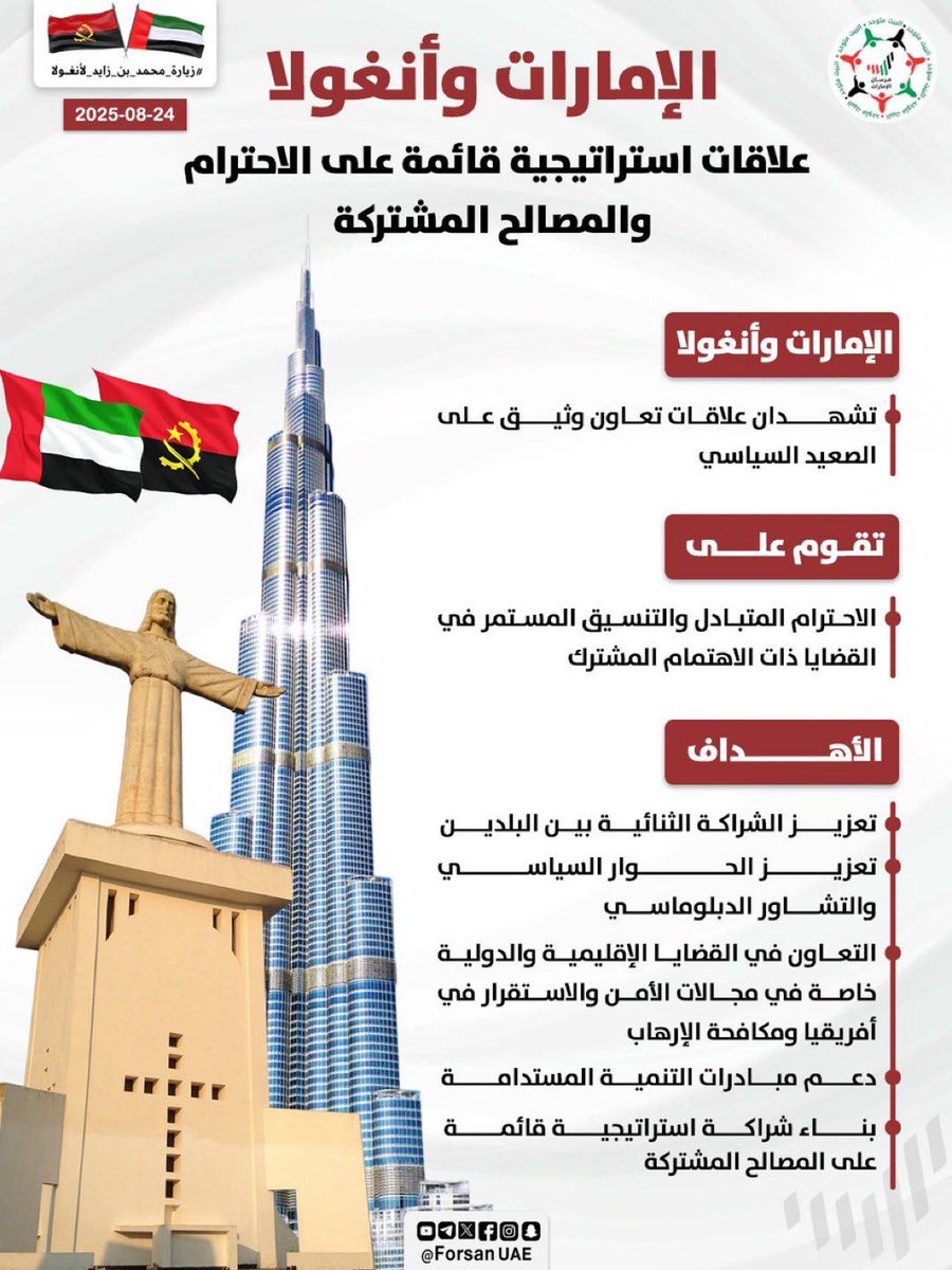 #الإمارات و #أنغولا.. شراكة متينة ورؤية مشتركة

تاريخ من التعاون والصداقة يعززه حرص قيادتي البلدين على تعميق العلاقات الاستراتيجية وفتح آفاق جديدة للتنمية والازدهار.

#الإمارات_أنغولا 🇦🇴 🤝🇦🇪
#زيارة_محمد_بن_زايد_لأنغولا