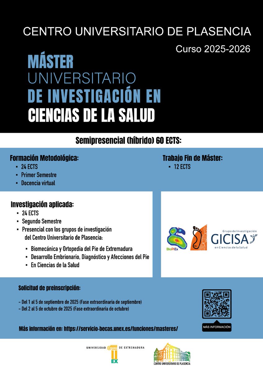 UExPlasencia's tweet photo. Volvemos con buenas noticias, con una nueva titulación que puedes cursar en el Centro Universitario de Plasencia.
Preinscripciones del 1 al 5 de septiembre.
Arranca este curso el Master Universitario de Investigación en Ciencias de la Salud.
(1/2) https://t.co/EMbCDTd7ov