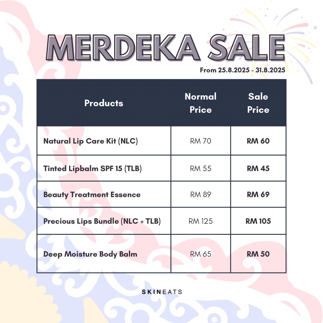 🇲🇾✨ MERDEKA SALE IS HERE! ✨🇲🇾

Celebrate freedom with glowing skin &amp; luscious lips 💋💧

🔥 Don’t miss out – stock up while it lasts!

#Skineats #MerdekaSale #CelebrateWithSkineats #MalaysiaMerdeka