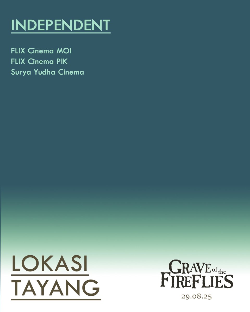Pilih tempatmu menonton film animasi yang disutradarai sutradara nominasi Oscars, Isao Takahata bersama Studio Ghibli.

Grave of the Fireflies tayang terbatas di 57 lokasi bioskop berikut mulai 29 Agustus!