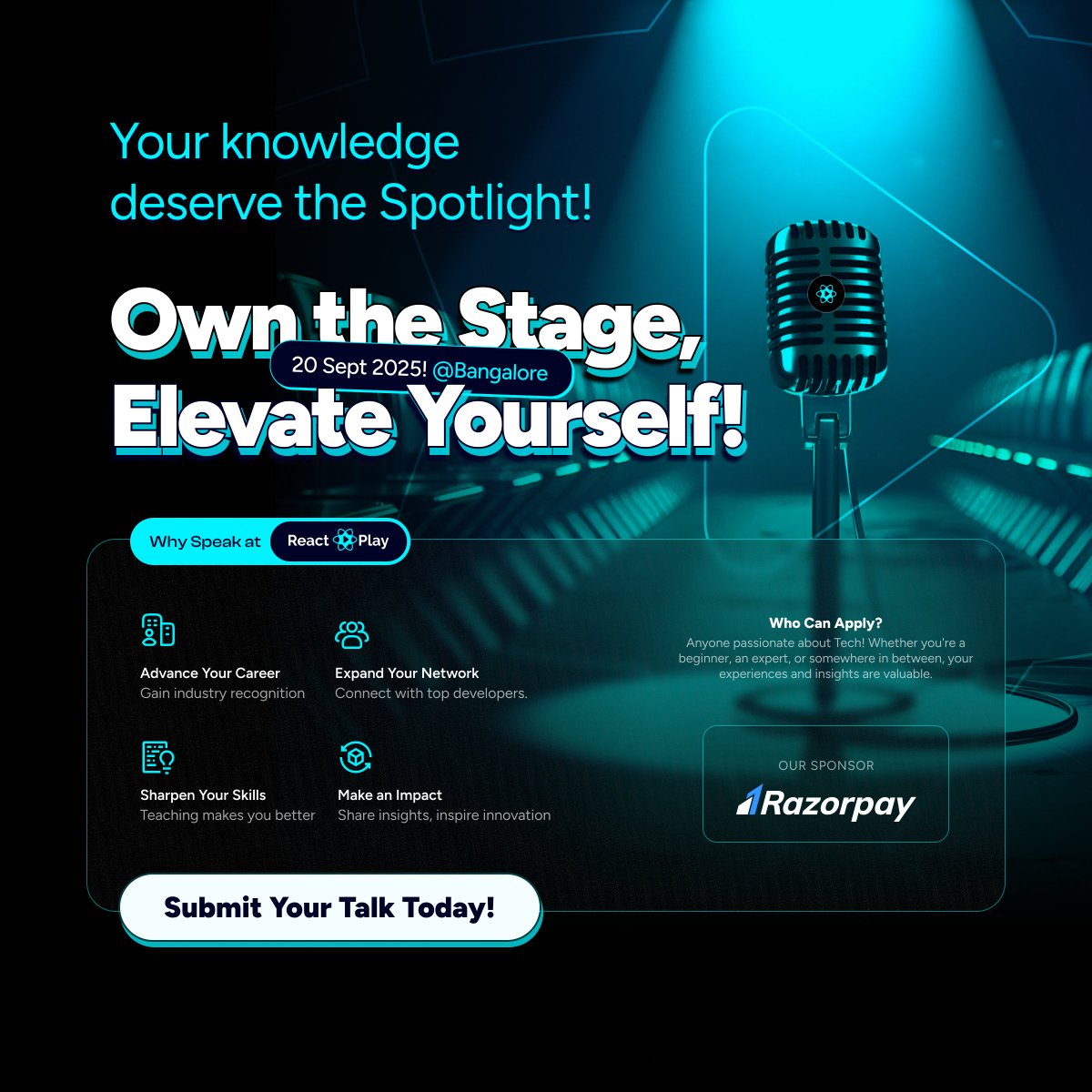 ReactPlayIO's tweet image. We are calling for speakers for our September meet-up 🔥 

Thanks @Razorpay for hosting us!!  

Venue - Razorpay BLR office 

Date- 20th Sept  

The CFP is open now for you to submit your talk.
 Submission deadline: 10th Sept   

RSVP and CFP Links 👇