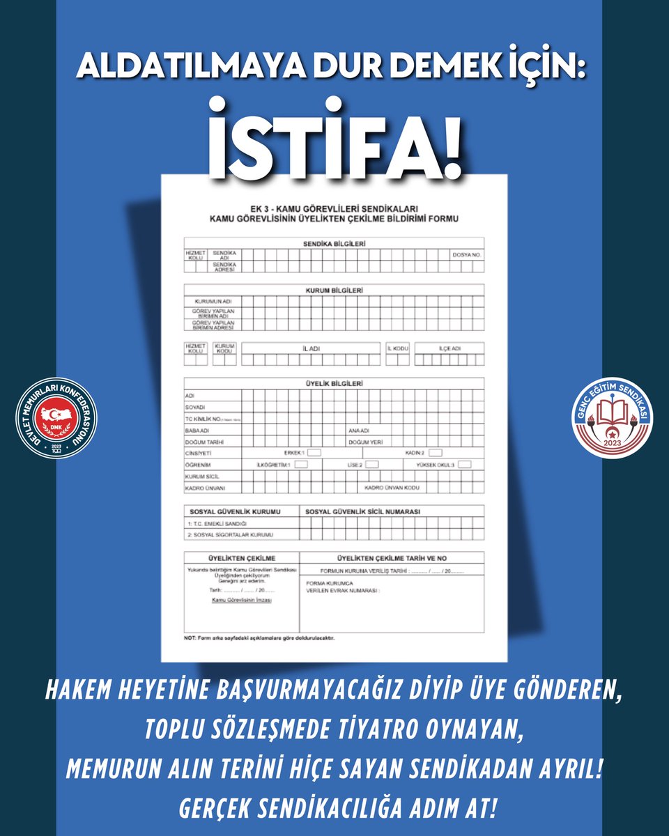 Genç Eğitim Sendikası (@gencegitimsen) on Twitter photo ⚡️ Hakem heyetine başvuru kararı, emekçnin iradesini yok saymaktır.
⚡️ Memurlar, iradelerini ortaya koyarak istifa etmeli haklarnı savunan GENÇ EĞİTİM SENDİKASI’na üye olmalıdır‼️
⚡️ Hak için istifa, gelecek için GENÇ EĞİTİM SENDİKASI‼️
<a href="/mfaarslan/">Mehmet Fatih ARSLAN</a>
<a href="/osmkya06/">Osman KAYA</a>
#MemuruSattınız ⚡️ Hakem heyetine başvuru kararı, emekçnin iradesini yok saymaktır.
⚡️ Memurlar, iradelerini ortaya koyarak istifa etmeli haklarnı savunan GENÇ EĞİTİM SENDİKASI’na üye olmalıdır‼️
⚡️ Hak için istifa, gelecek için GENÇ EĞİTİM SENDİKASI‼️
<a href="/mfaarslan/">Mehmet Fatih ARSLAN</a>
<a href="/osmkya06/">Osman KAYA</a>
#MemuruSattınız