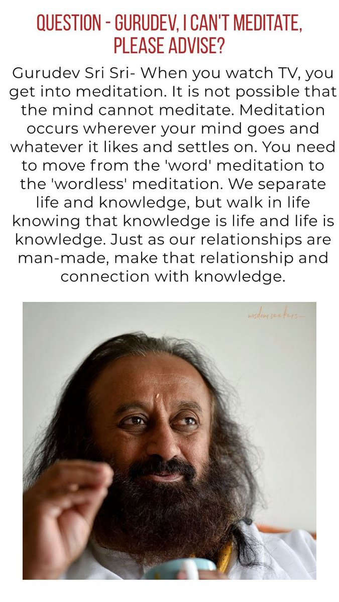 Krushika Shah (@musingmeditates) on Twitter photo Question - Gurudev, I can't meditate, please advise?
<a href="/Gurudev/">Gurudev Sri Sri Ravi Shankar</a> - When you watch TV, you get into meditation. It is not possible that the mind cannot meditate. Meditation occurs wherever your mind goes and whatever it likes and settles on. Question - Gurudev, I can't meditate, please advise?
<a href="/Gurudev/">Gurudev Sri Sri Ravi Shankar</a> - When you watch TV, you get into meditation. It is not possible that the mind cannot meditate. Meditation occurs wherever your mind goes and whatever it likes and settles on.