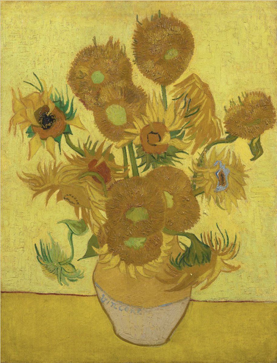 vangoghmuseum's tweet photo. Catching fire on canvas 🔥 In August 1888, Van Gogh painted a vase of sunflowers. He knew he was onto something special. With almost entirely yellow tones, he created a shimmering harmony that his brother Theo compared to ‘a piece of fabric embroidered with satin and gold’. https://t.co/sYGDsOgZ0K