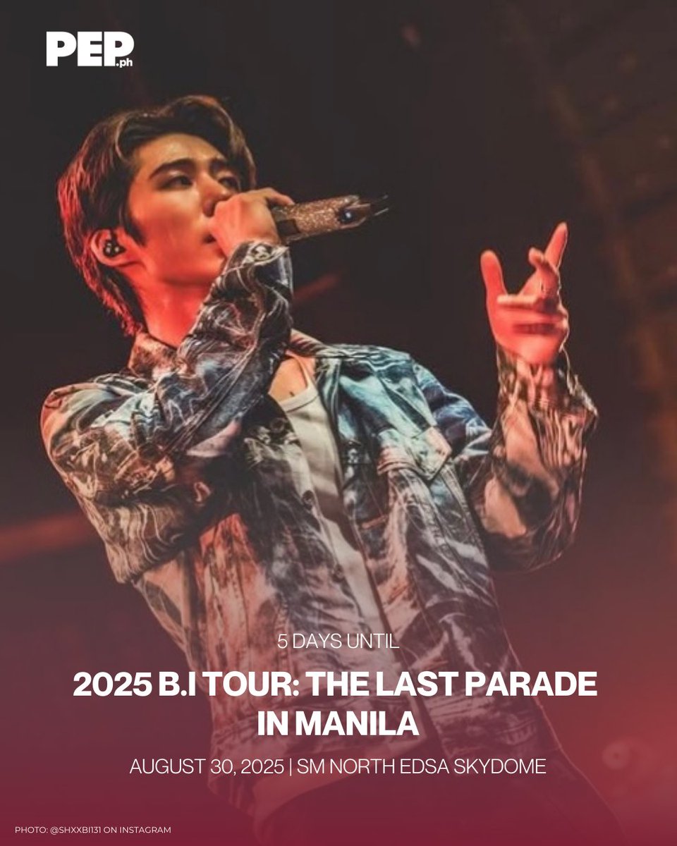 Just 5 days left before B.I takes the stage at the SM North EDSA Skydome for The Last Parade Tour in Manila! ✨ 

This August 30, Filipino IDs will finally get to see him live once again. Are you ready for B.I’s return? 🫶 

#BIinManila #TheLastParadeTour #BITheLastParade