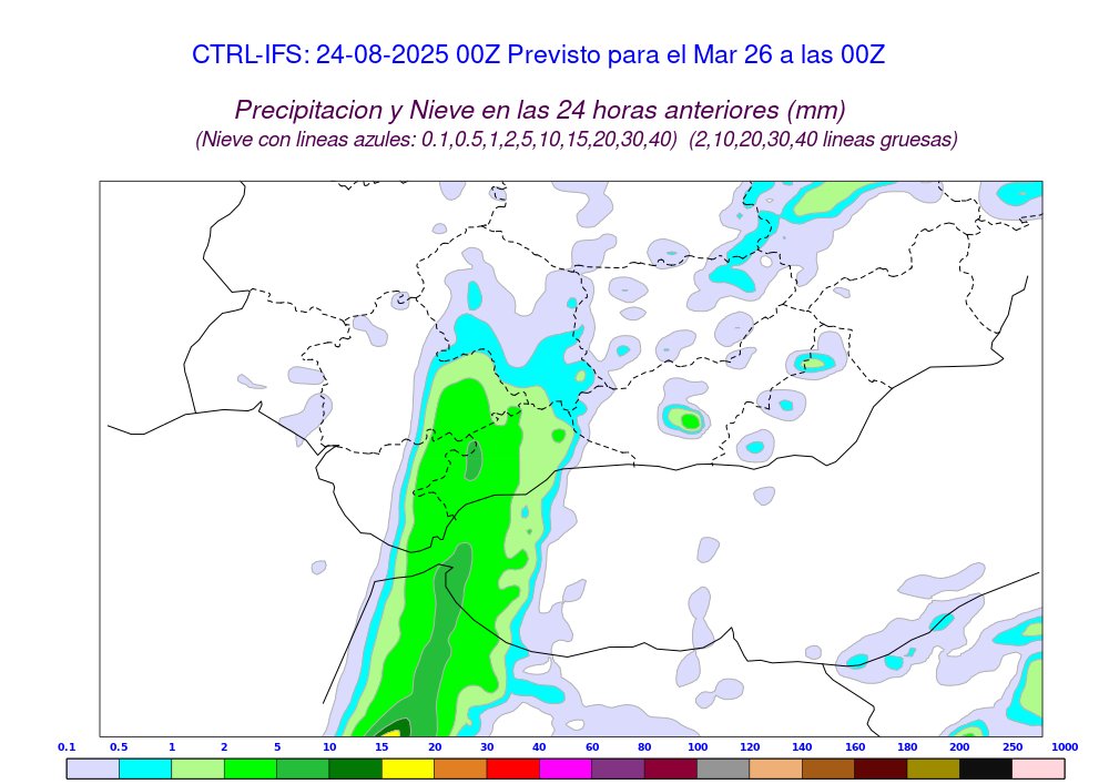 Esta configuración dejará a través de la banda nubosa delantera algunas precipitaciones locales entre esta tarde de domingo y la primera mitad de mañana lunes. Pueden ir acompañadas de convección de base elevada (tormentas locales con rayos nube-nube principalmente).