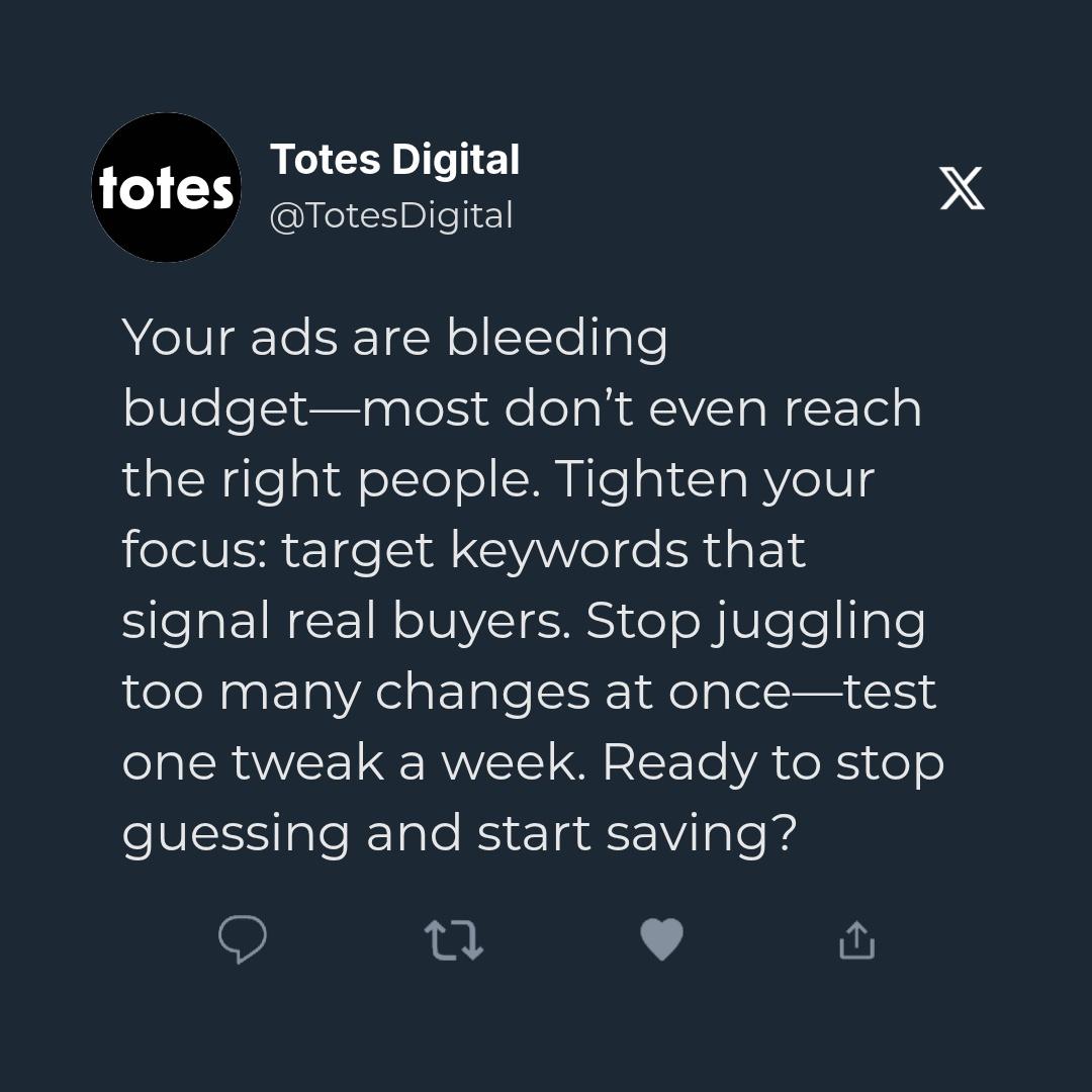 Stop wasting ad dollars.
Focus on high-intent keywords, cut audience overlap, test one change/week.
Contact us for a consultation.
Which ad costs you most?

#ppc #paidmedia #adops