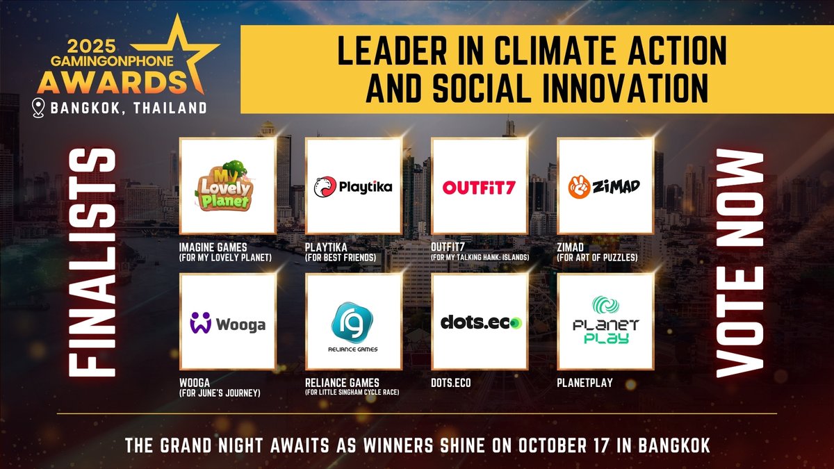 Presenting the finalists for the GamingonPhone Awards 2025 (30/30) 🎉

🏆 Leader in Climate Action and Social Innovation

🎖️ Imagine Games (for <a href="/MyLovelyPlanet1/">My Lovely Planet</a>)
🎖️ <a href="/Playtika_Ltd/">Playtika</a>  (for Best Friends)
🎖️ <a href="/OUTFiT7Official/">OUTFiT7</a> (for My Talking Hank: Islands)
🎖️ <a href="/zimadgames/">ZiMAD</a>  (for Art of