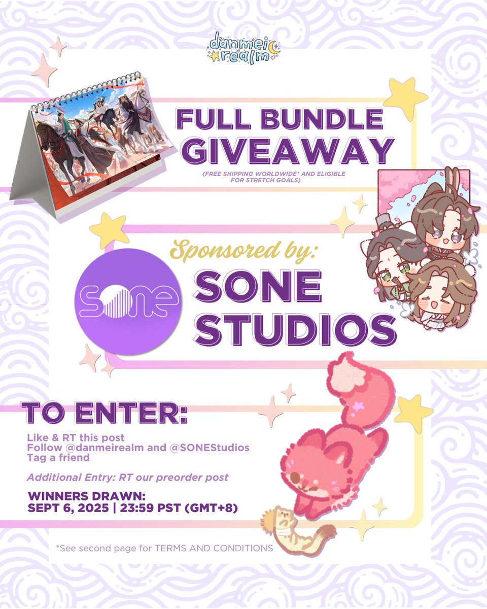 Danmei Realm (@danmeirealm) on Twitter photo π GIVEAWAY ALERT! π
Win a FULL BUNDLE MXTX 2026 Calendar, sponsored by <a href="/sonestudios/">SONE OFFICIAL</a> π
β¨ To enter:
β’ Like & RT
β’ Follow <a href="/danmeirealm/">Danmei Realm</a> + <a href="/sonestudios/">SONE OFFICIAL</a>
Tag a friend!
π Bonus: RT our preorder post
π
Winner announced Sept 6, 2025 | 23:59 PST (GMT+8)
Goodluck everyone! π GIVEAWAY ALERT! π
Win a FULL BUNDLE MXTX 2026 Calendar, sponsored by <a href="/sonestudios/">SONE OFFICIAL</a> π
β¨ To enter:
β’ Like & RT
β’ Follow <a href="/danmeirealm/">Danmei Realm</a> + <a href="/sonestudios/">SONE OFFICIAL</a>
Tag a friend!
π Bonus: RT our preorder post
π
Winner announced Sept 6, 2025 | 23:59 PST (GMT+8)
Goodluck everyone!