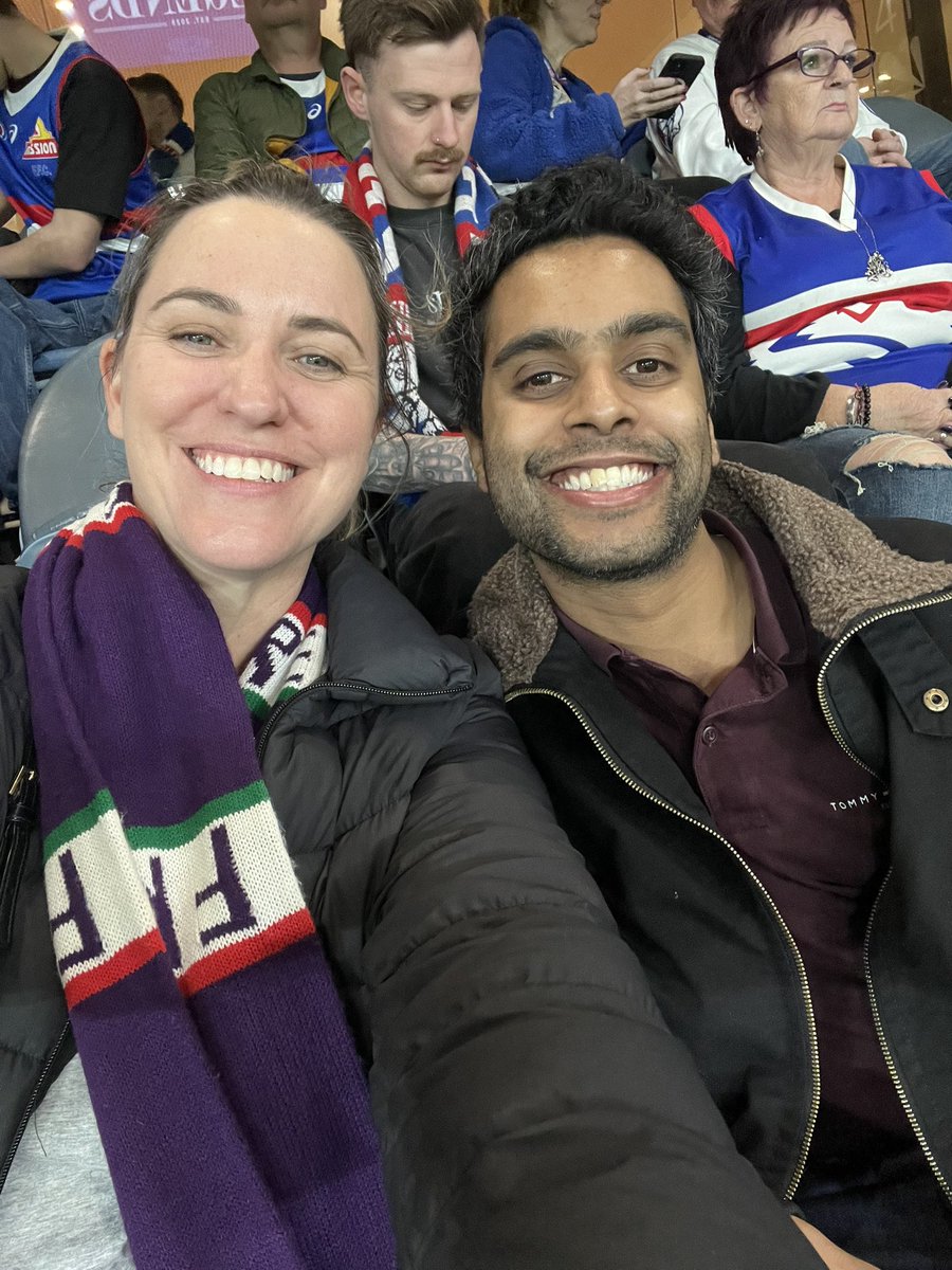 Dr Erin Watson (@dr_erinwatson) on Twitter photo Good day to be a <a href="/freodockers/">Fremantle Dockers</a> supporter behind enemy lines among the <a href="/westernbulldogs/">Western Bulldogs</a> members 😈 Good day to be a <a href="/freodockers/">Fremantle Dockers</a> supporter behind enemy lines among the <a href="/westernbulldogs/">Western Bulldogs</a> members 😈