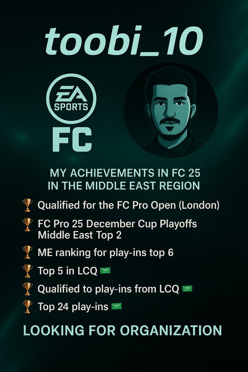 Looking for clan or organization | DMs open  📩

انا لاعب حر للموسم القادم للعبة EA FC 26 
وهذي ابرز انجازاتي في EA FC 25  اي كلان او منظمة مهتمه للتوقيع معي التواصل عبر الخاص 📩 

#FCPro #Esports #MENAEsports #FreeAgent #FC25 #FC26