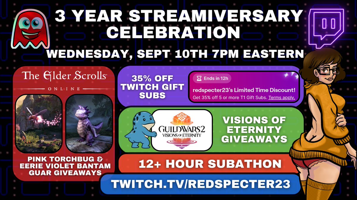 redspecter23's tweet photo. Celebrating 3 years on Twitch - September 10th!

Join for 12+ hours of fun, including Subtember sub savings🥳 https://t.co/S1QKCklvOS