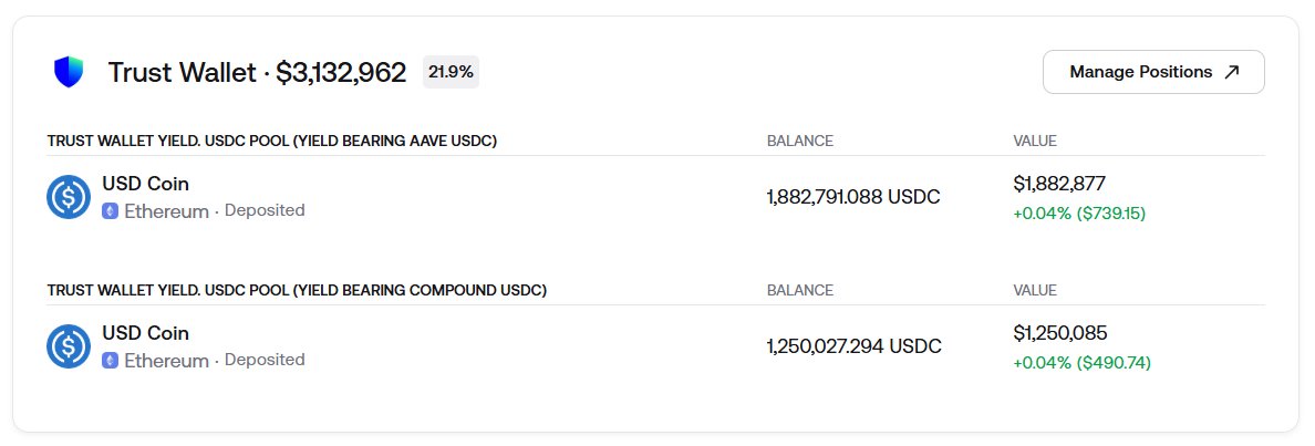 Trust Wallet 中显示的收益仓位：Aave 与 Compound 的 USDC 余额