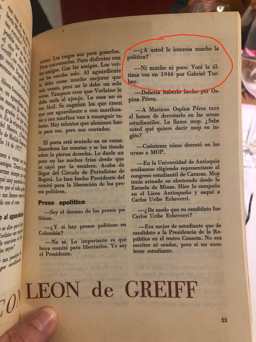Olga L Gonzalez (@blou) on Twitter photo Hablando de buenos candidatos y de poetas, ¿sabían que León de Greiff votó por Gabriel Turbay en 1946? Miren este extracto de la entrevista que le hizo Jaime Sanín E. en los años setenta:
*Agradezco a <a href="/JursichMario/">Mario Jursich</a> por el hallazgo Hablando de buenos candidatos y de poetas, ¿sabían que León de Greiff votó por Gabriel Turbay en 1946? Miren este extracto de la entrevista que le hizo Jaime Sanín E. en los años setenta:
*Agradezco a <a href="/JursichMario/">Mario Jursich</a> por el hallazgo